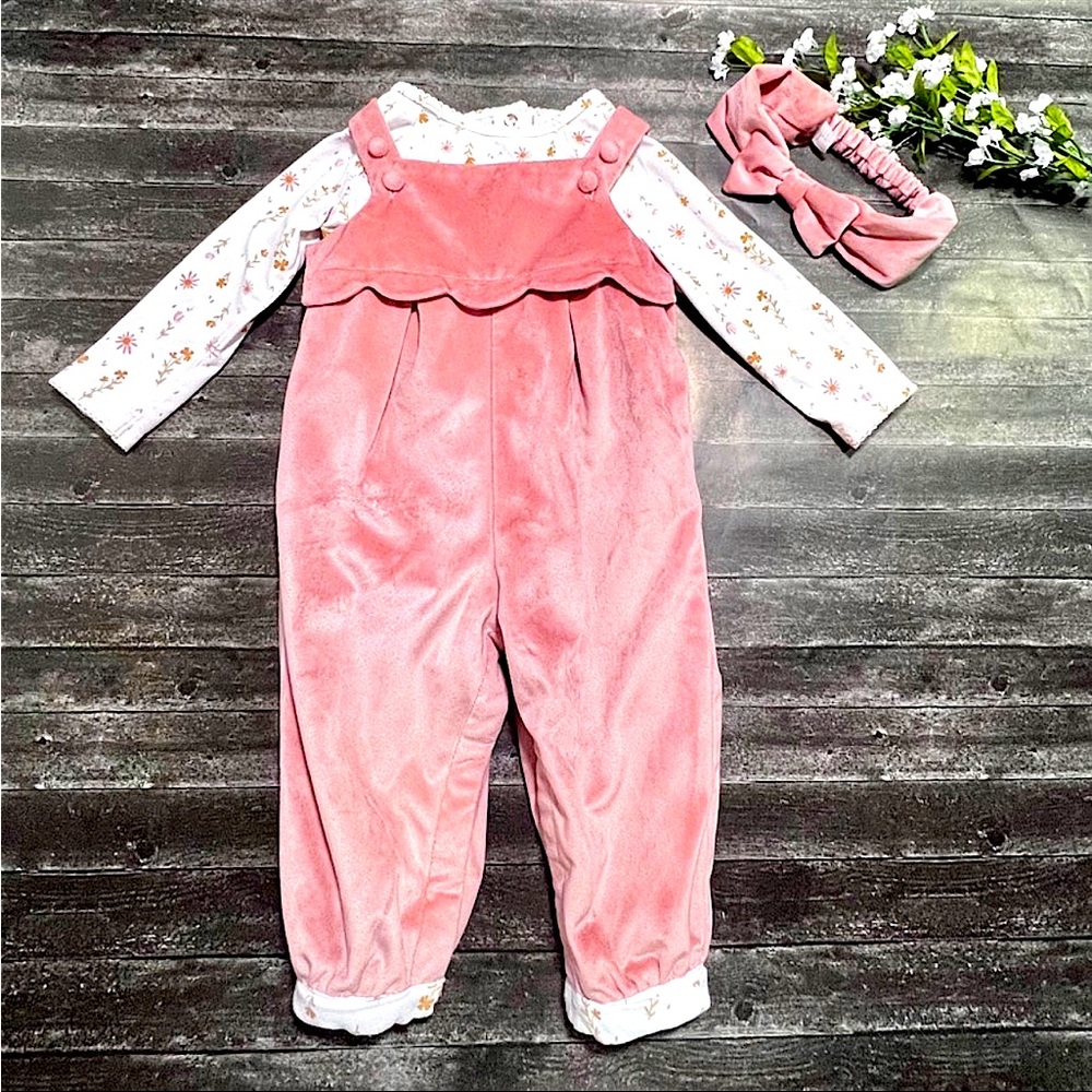 Rachel Zoe Velvet Matching Outfit Set Overalls/Jumpsuit Body and Bow Band 6-9 M